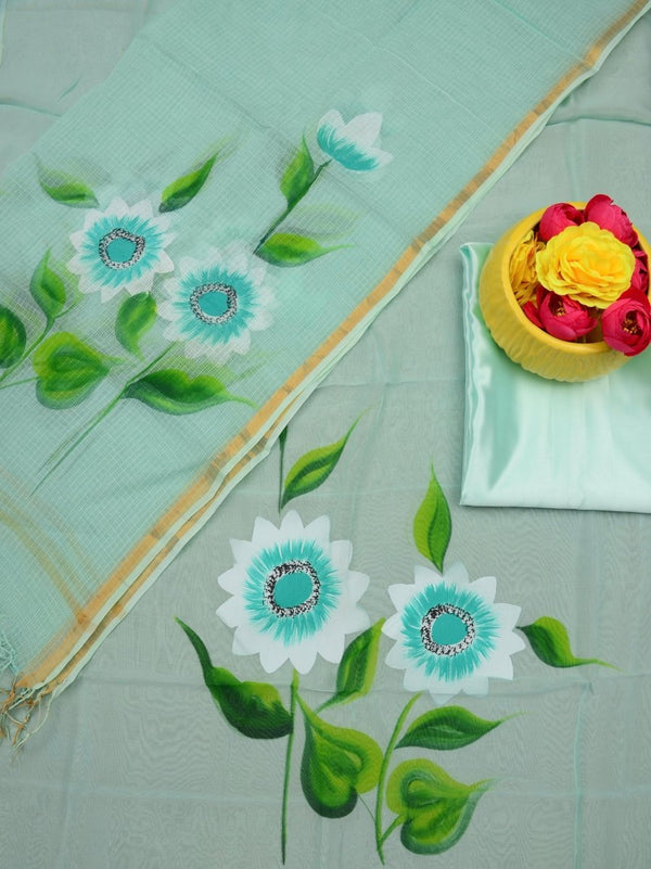 Unstitched 3 pc Organza Hand Painting Salwar Suits with Kota Doria Dupatta - Leheriya