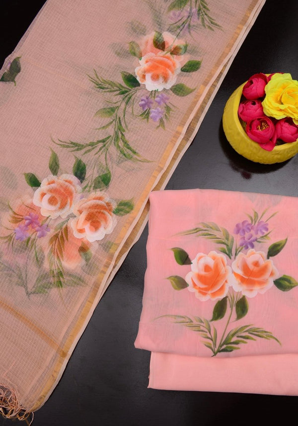Unstitched 3 pc Organza Hand Painting Salwar Suits with Kota Doria Dupatta - Leheriya