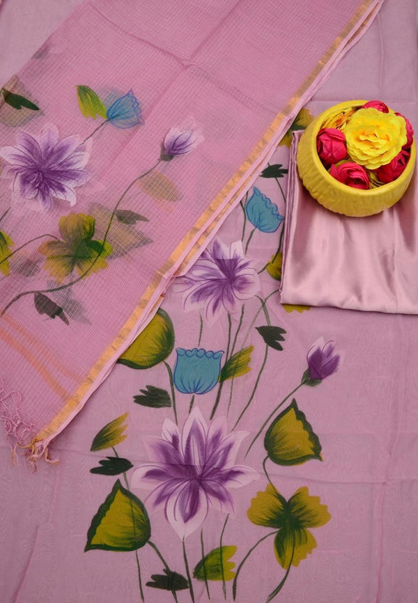 Unstitched 3 pc Organza Hand Painting Salwar Suits with Kota Doria Dupatta - Leheriya
