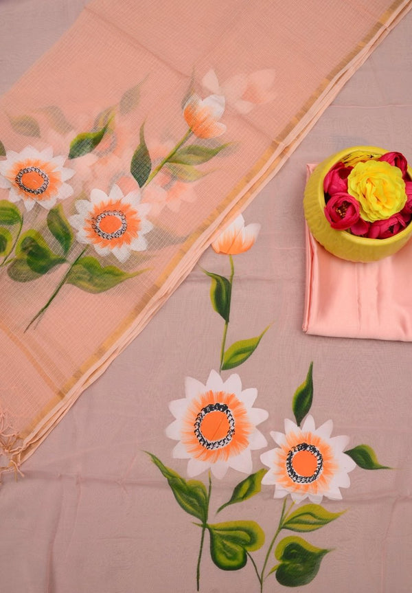 Unstitched 3 pc Organza Hand Painting Salwar Suits with Kota Doria Dupatta - Leheriya