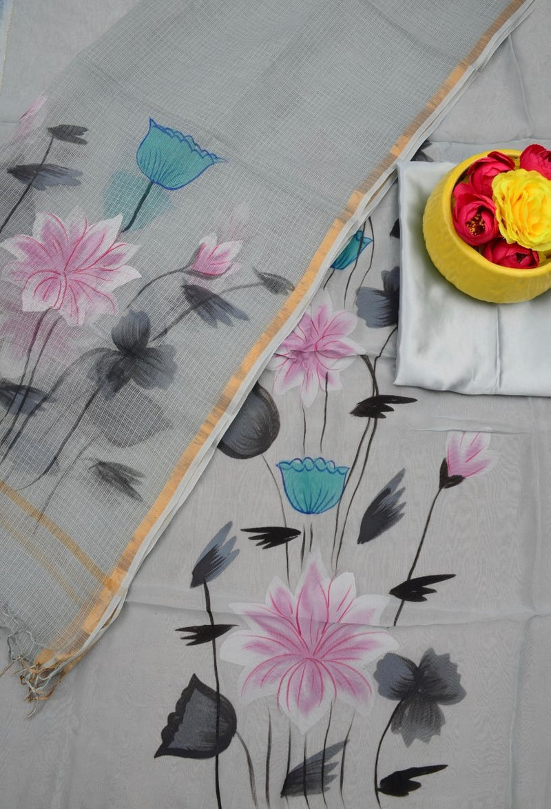 Unstitched 3 pc Organza Hand Painting Salwar Suits with Kota Doria Dupatta - Leheriya