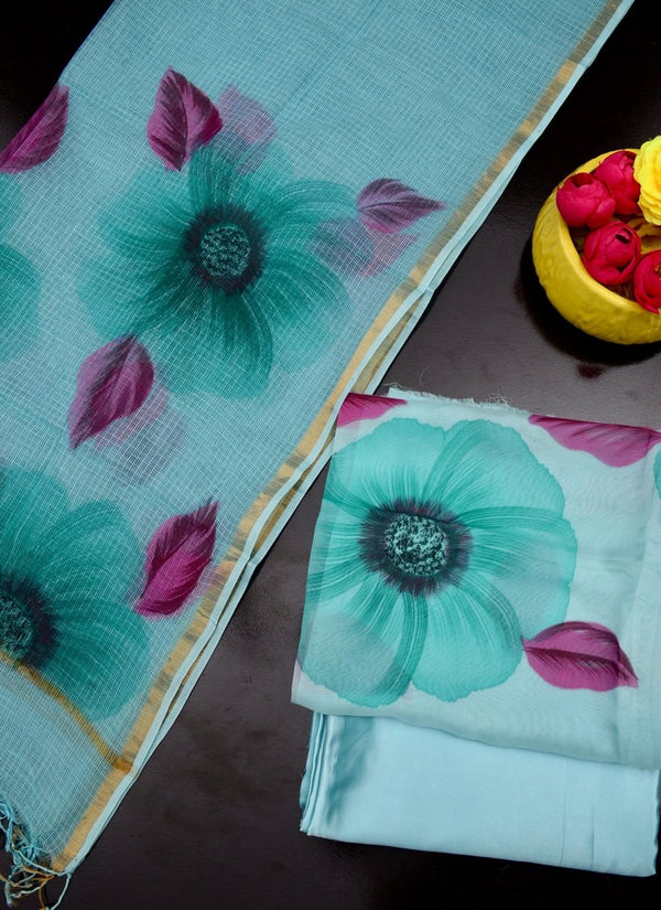 Unstitched 3 pc Organza Hand Painting Salwar Suits with Kota Doria Dupatta - Leheriya