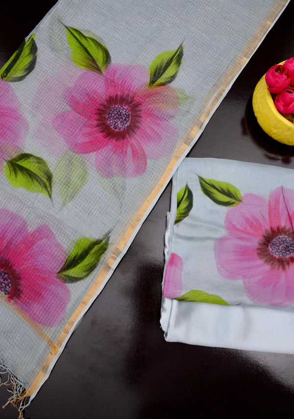 Unstitched 3 pc Organza Hand Painting Salwar Suits with Kota Doria Dupatta - Leheriya