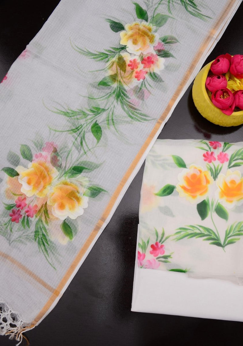 Unstitched 3 pc Organza Hand Painting Salwar Suits with Kota Doria Dupatta - Leheriya