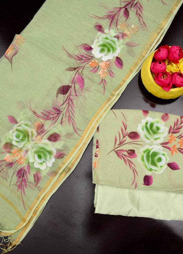 Unstitched 3 pc Organza Hand Painting Salwar Suits with Kota Doria Dupatta - Leheriya