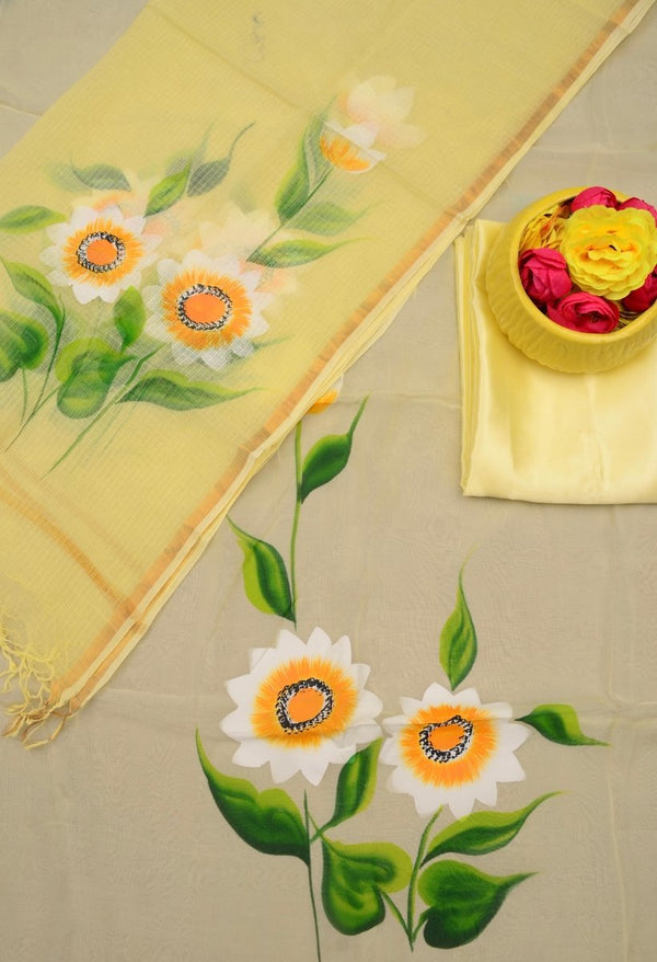 Unstitched 3 pc Organza Hand Painting Salwar Suits with Kota Doria Dupatta - Leheriya