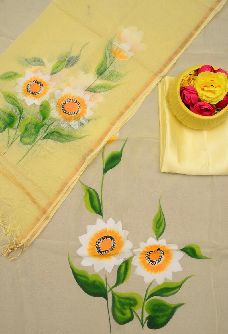 Unstitched 3 pc Organza Hand Painting Salwar Suits with Kota Doria Dupatta - Leheriya