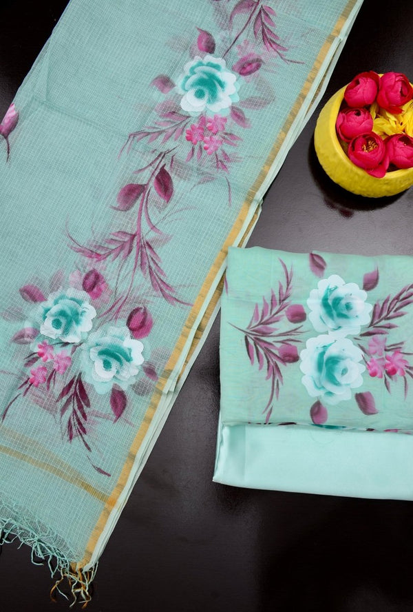 Unstitched 3 pc Organza Hand Painting Salwar Suits with Kota Doria Dupatta - Leheriya