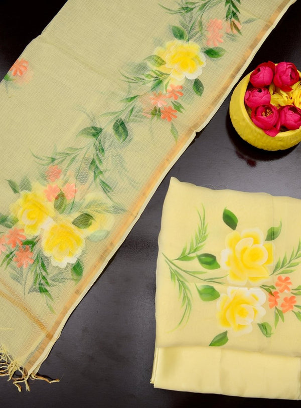Unstitched 3 pc Organza Hand Painting Salwar Suits with Kota Doria Dupatta - Leheriya