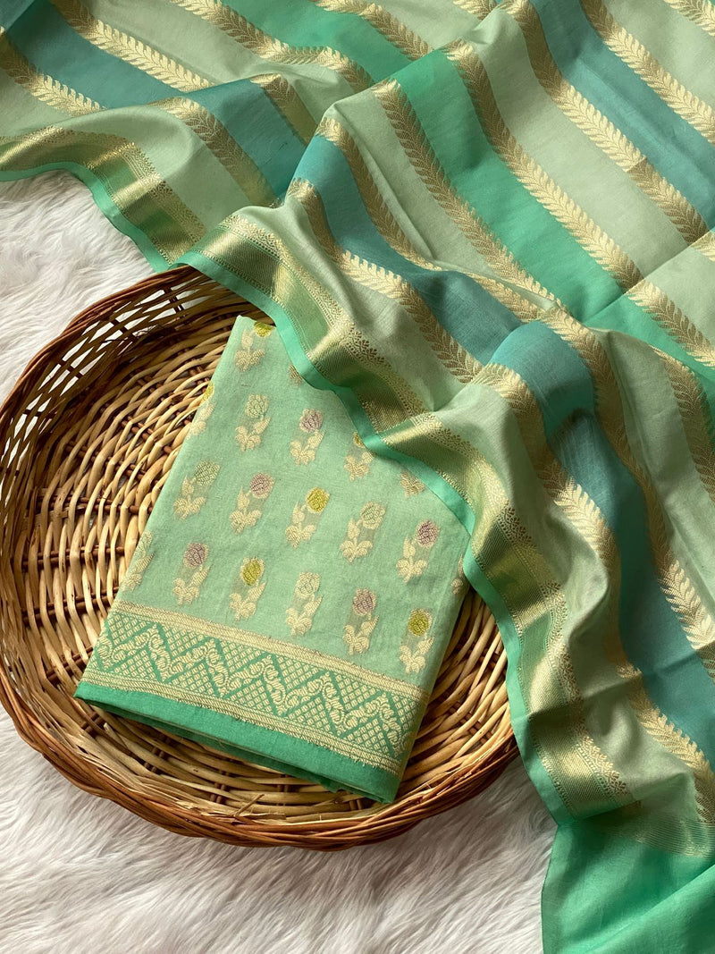 PURE BANARASI CHANDERI COTTON ZARI WEAVED BRUSH PAINTED SUIT | Green Mist |