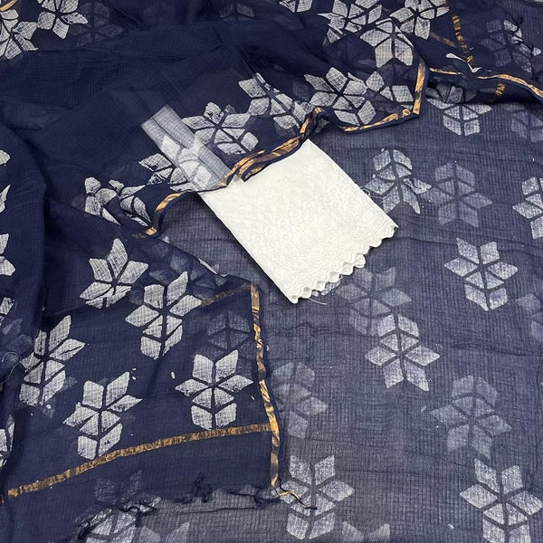 Wax Batik Kota Doria Salwar Suit with Embroidered Bottom - Leheriya