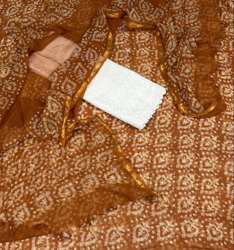 Wax Batik Kota Doria Salwar Suit with Embroidered Bottom - Leheriya