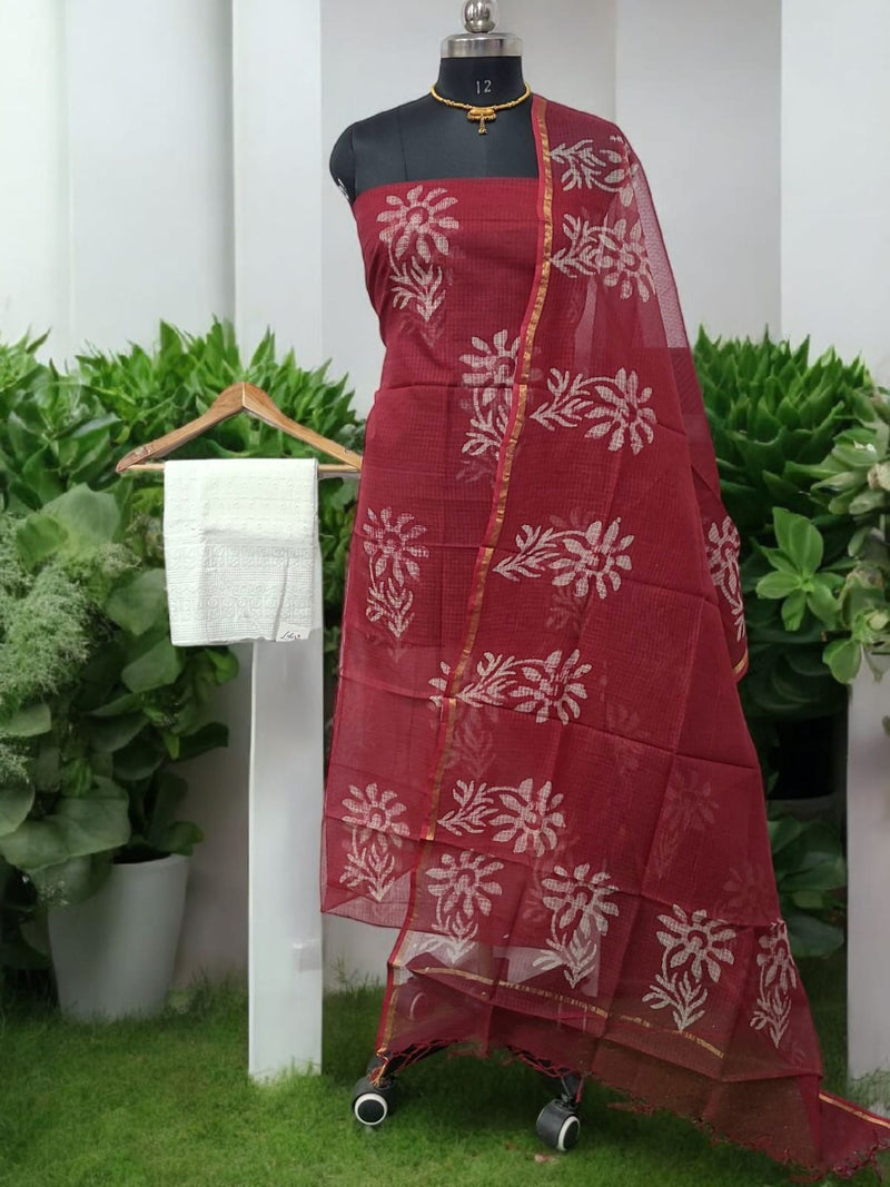 Wax Batik Pure Kota Doria Cotton Salwar Suit with Embroidered Bottom - Leheriya
