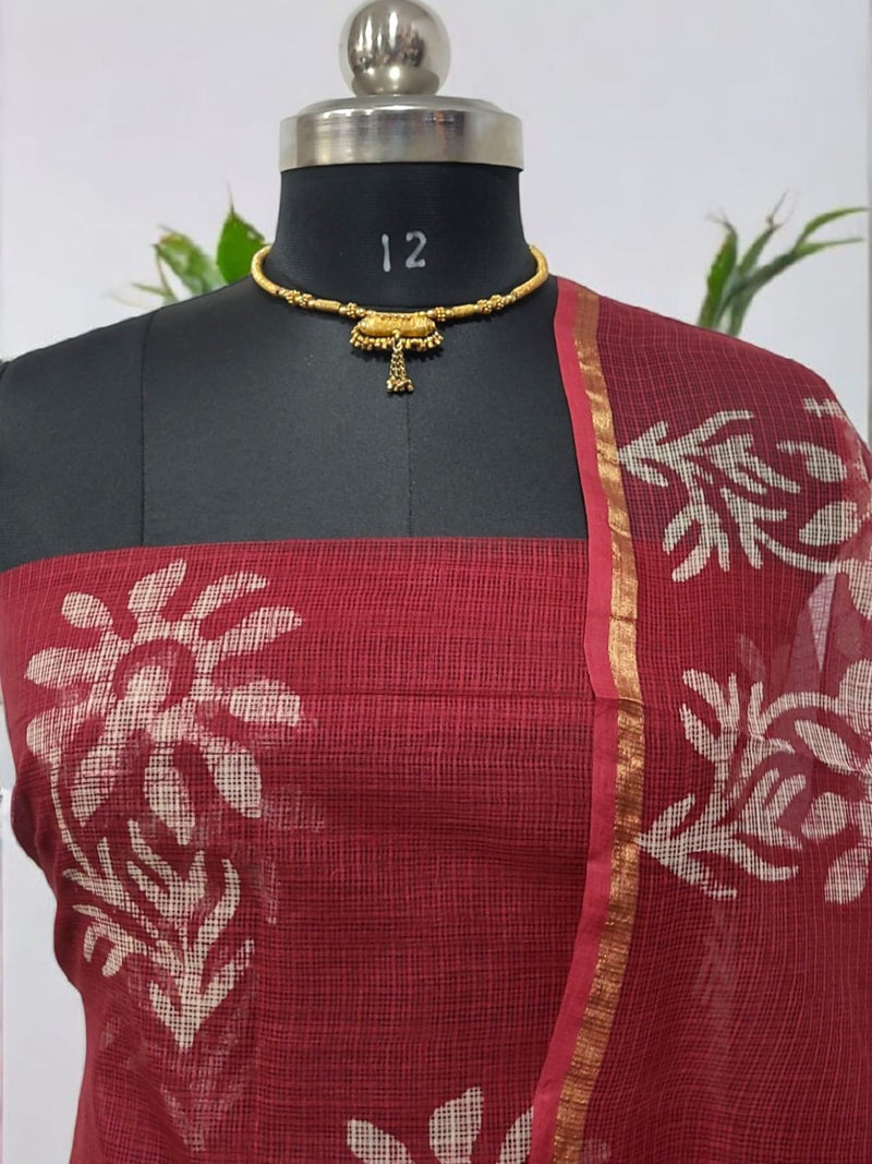 Wax Batik Pure Kota Doria Cotton Salwar Suit with Embroidered Bottom - Leheriya