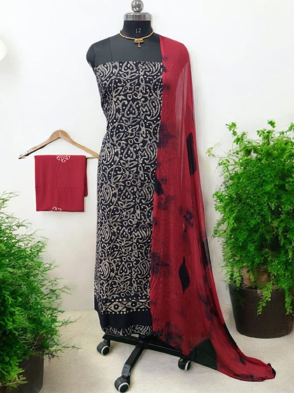Wax Batik Work Pure Cotton Salwar Suit with Resham Border Dupatta - Leheriya