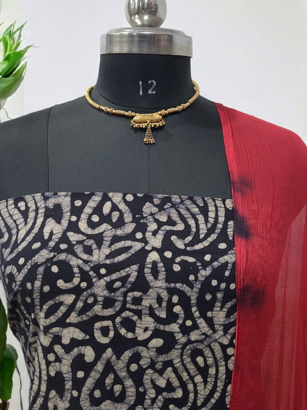 Wax Batik Work Pure Cotton Salwar Suit with Resham Border Dupatta - Leheriya
