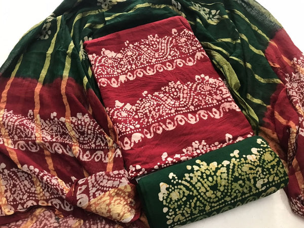 Wax Batik Work Pure Cotton Salwar Suit with Resham Border Dupatta - Leheriya