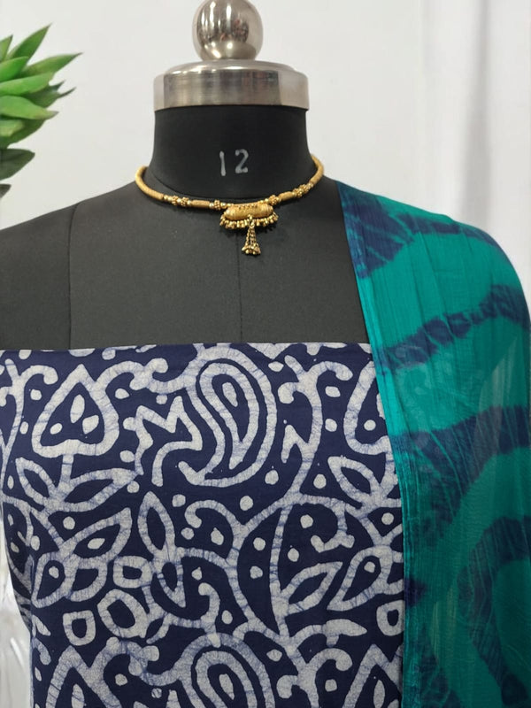 Wax Batik Work Pure Cotton Salwar Suit with Resham Border Dupatta - Leheriya