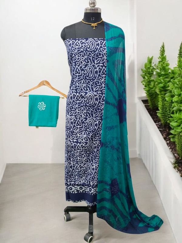 Wax Batik Work Pure Cotton Salwar Suit with Resham Border Dupatta - Leheriya