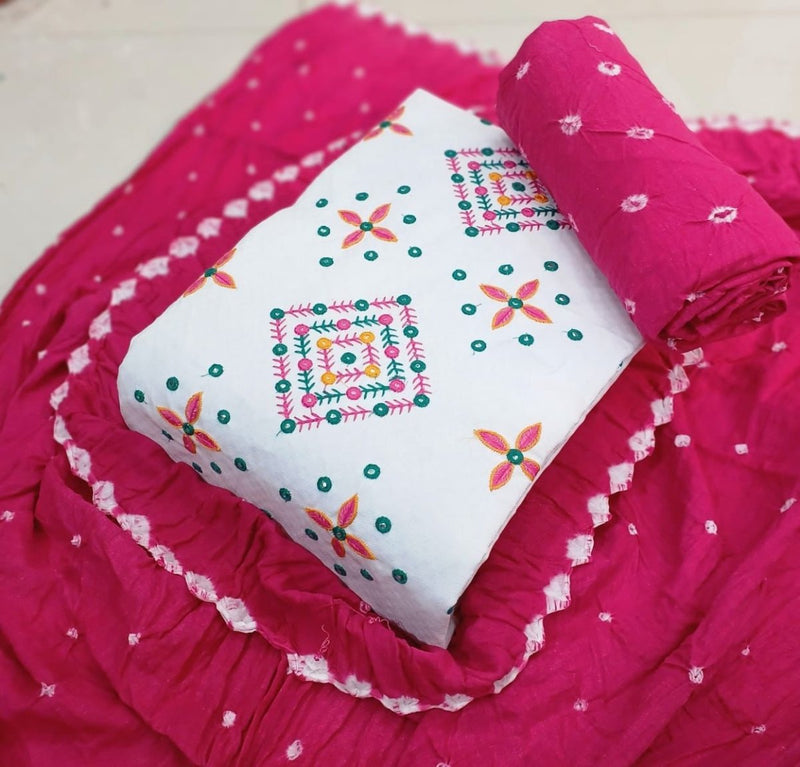 White Cotton Mirror Work Salwar Suit with Bandhani Dupatta and Bottom - Leheriya