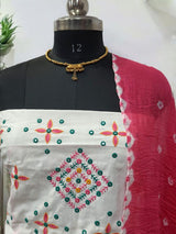 White Cotton Mirror Work Salwar Suit with Bandhani Dupatta and Bottom Pink Color - Leheriya