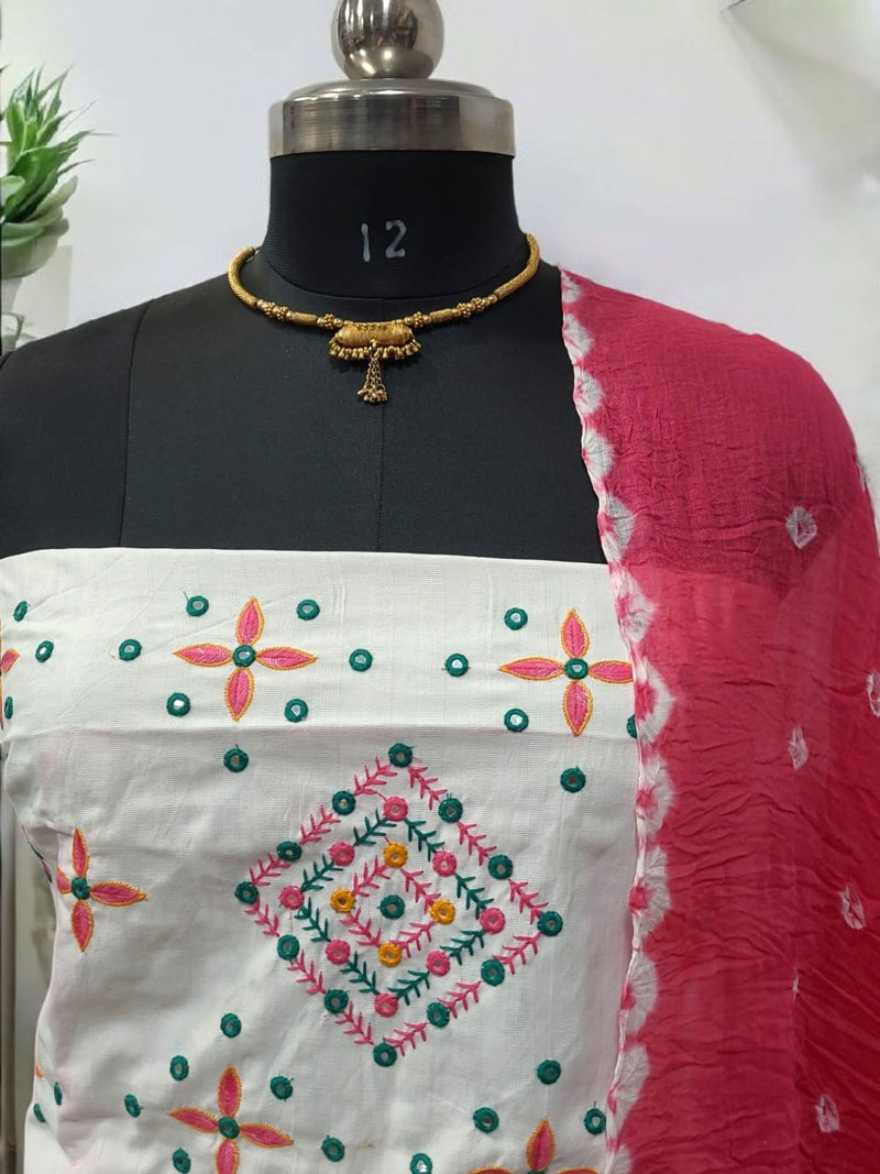 White Cotton Mirror Work Salwar Suit with Bandhani Dupatta and Bottom Pink Color - Leheriya