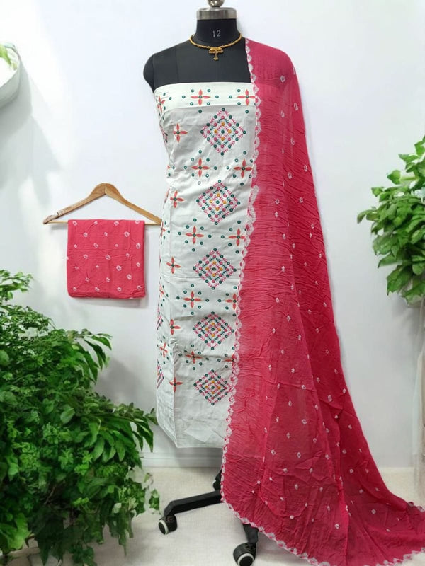 White Cotton Mirror Work Salwar Suit with Bandhani Dupatta and Bottom Pink Color - Leheriya