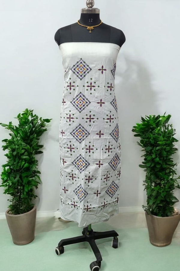 White Cotton Mirror Work Salwar Suit with Bandhani Dupatta and Bottom Purple Color - Leheriya