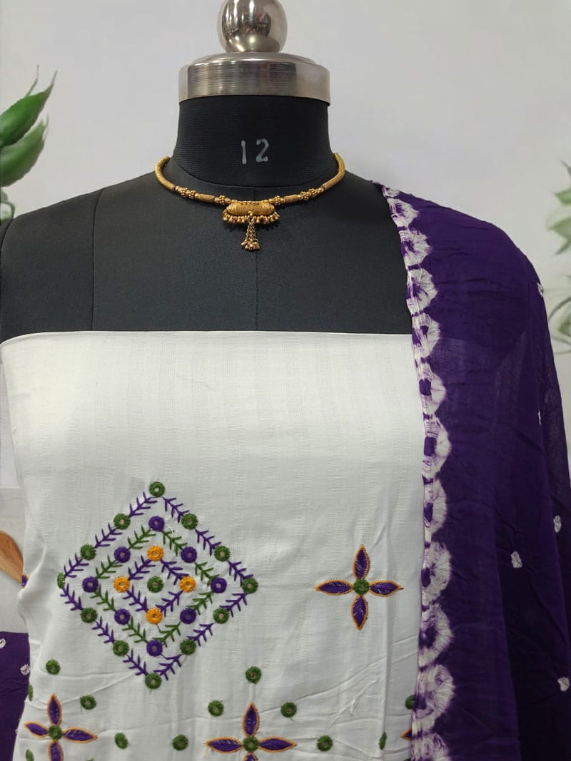 White Cotton Mirror Work Salwar Suit with Bandhani Dupatta and Bottom Purple Color - Leheriya