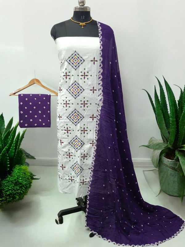 White Cotton Mirror Work Salwar Suit with Bandhani Dupatta and Bottom Purple Color - Leheriya