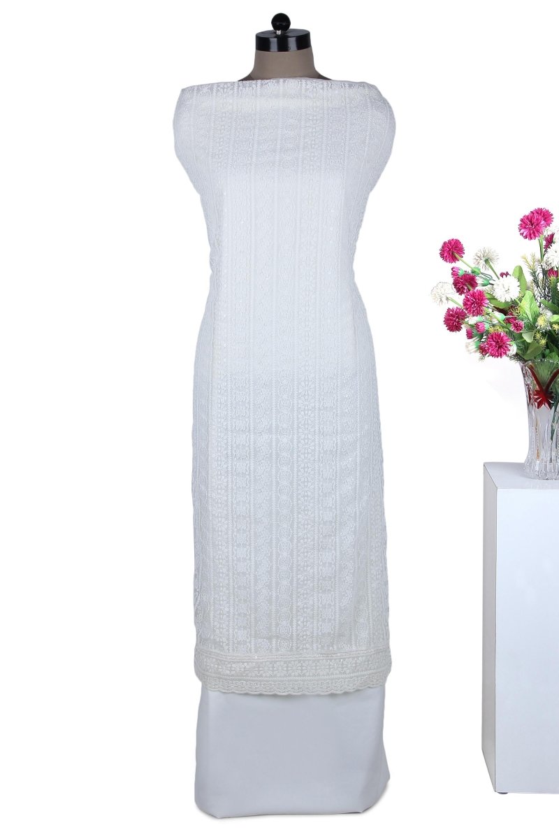 White Georgette Suit with Heavy Embroidery on Top and Dupatta - Leheriya