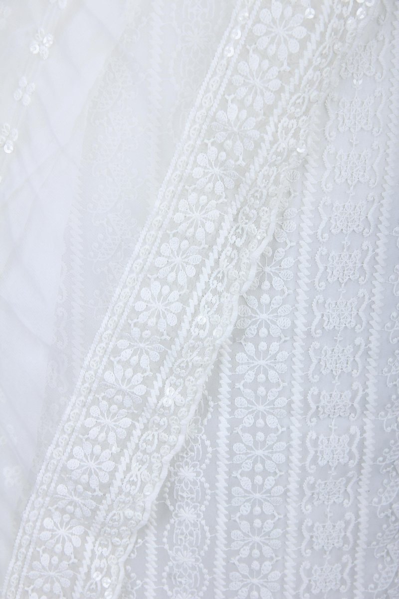 White Georgette Suit with Heavy Embroidery on Top and Dupatta - Leheriya