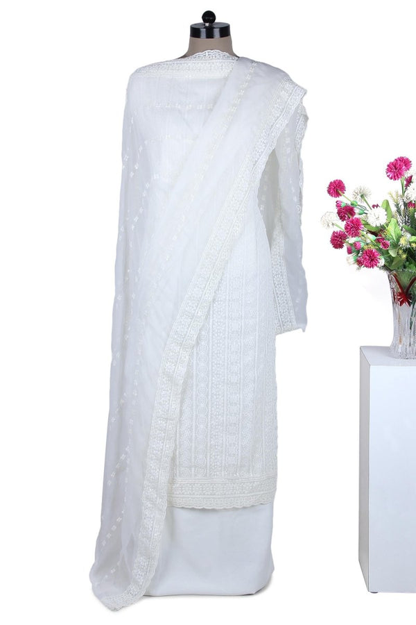 White Georgette Suit with Heavy Embroidery on Top and Dupatta - Leheriya