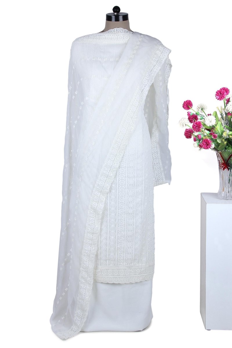 White Georgette Suit with Heavy Embroidery on Top and Dupatta - Leheriya