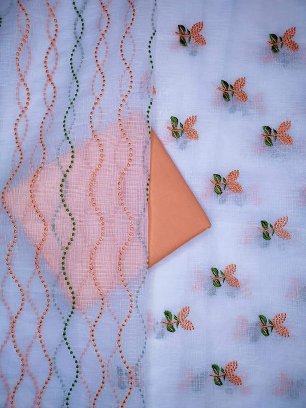 White Kota Doria Salwar Suit with Orange Floral Embroidery - Leheriya
