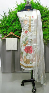 White Organza Golden Work 3 pc Salwar Suit - Leheriya