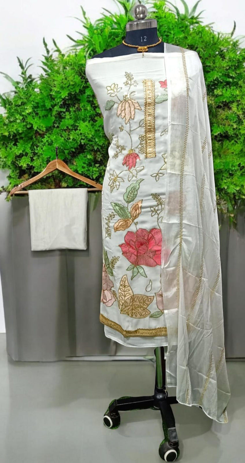 White Organza Golden Work 3 pc Salwar Suit - Leheriya