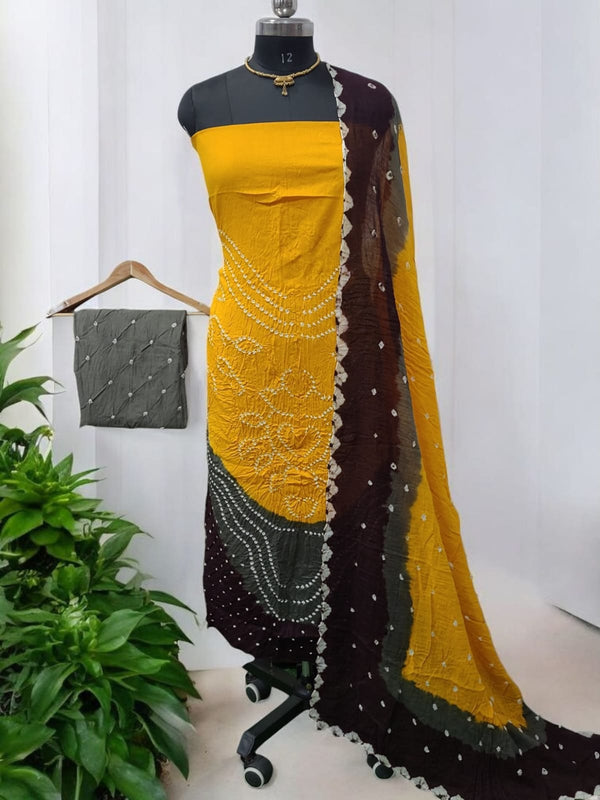 Yellow Color Unstitched Salwar Suit with Fancy Color Bandhani Dupatta - Leheriya