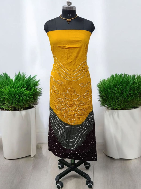 Yellow Color Unstitched Salwar Suit with Fancy Color Bandhani Dupatta - Leheriya