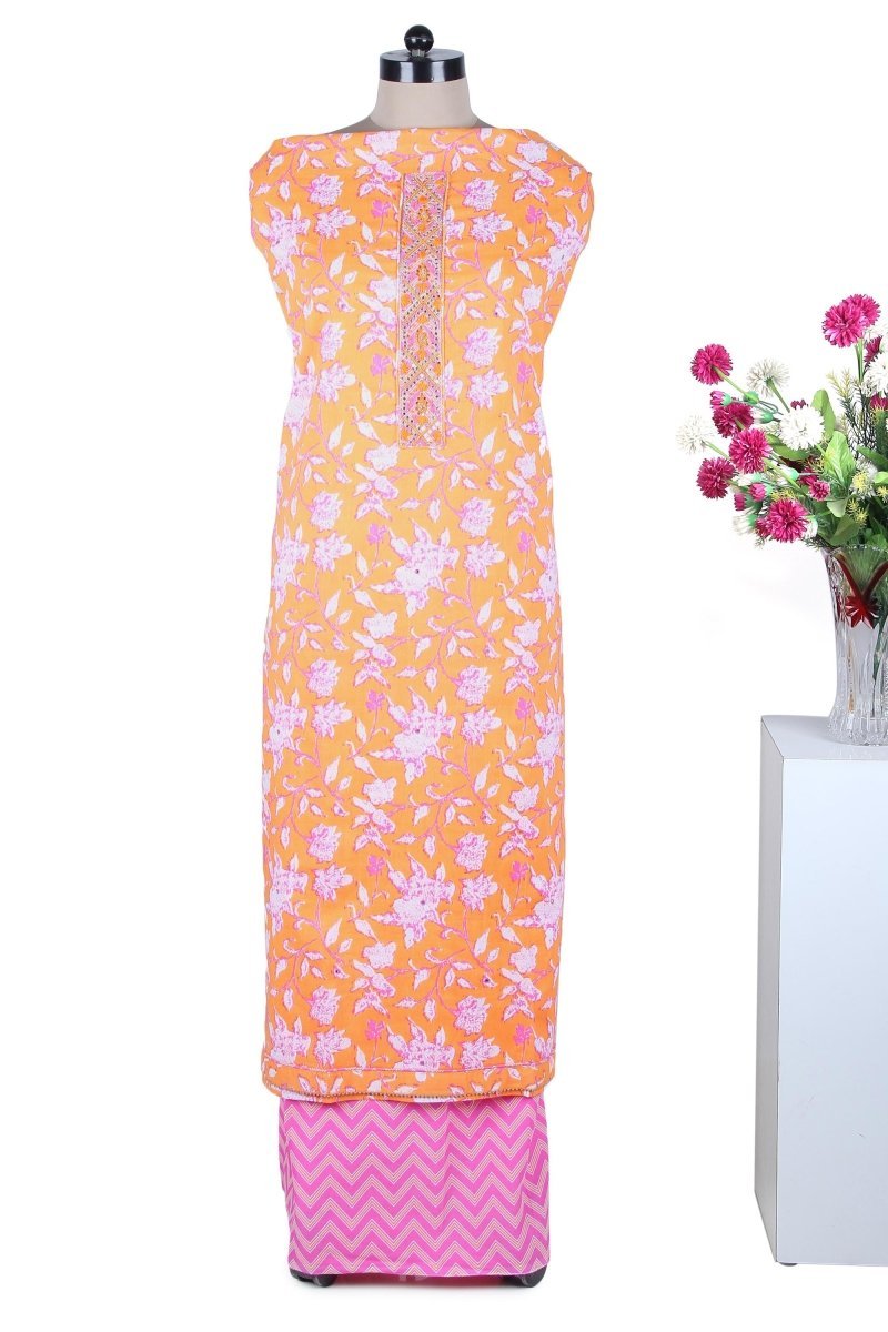 Yellow Floral Print Suit with Pink plain Chhifon Dupatta with Border and Pink Leheriya Bottom - Leheriya