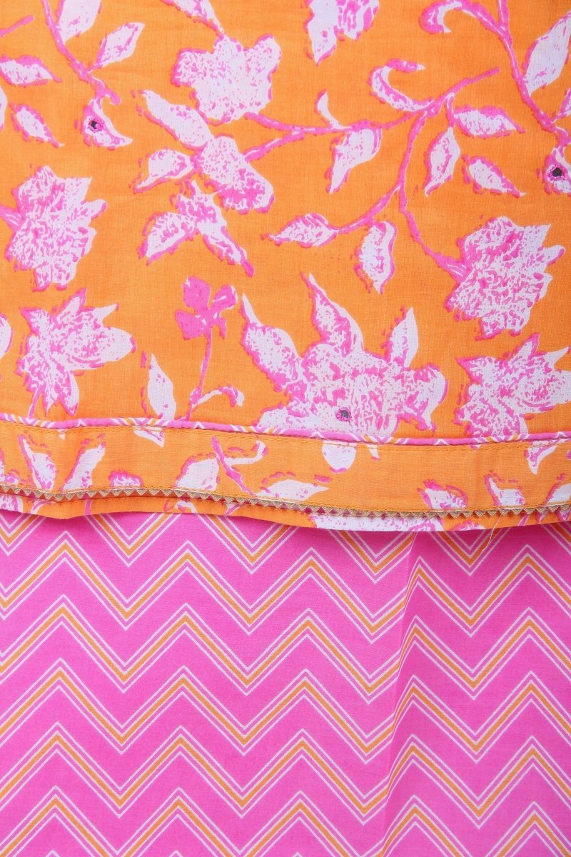 Yellow Floral Print Suit with Pink plain Chhifon Dupatta with Border and Pink Leheriya Bottom - Leheriya