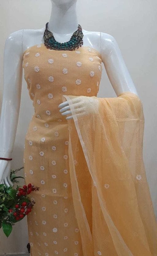 Yellow Pink Kota Doria Embroidery Salwar Kameez - Leheriya
