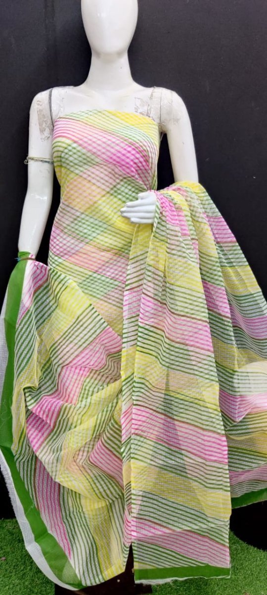 Yellow & Pink Leheriya Printed Kota Doria Leheriya Salwar Suit - Leheriya