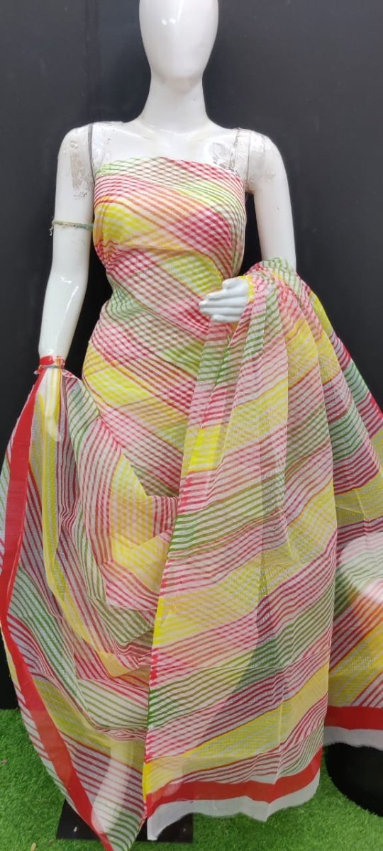 Yellow & Red Printed Kota Doria Leheriya Salwar Suit - Leheriya