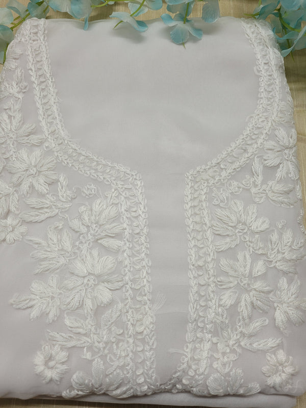 3 pc White Lucknow Chikankari Hand Embroidery Chiffon Georgette Unstitched Salwar Suit with Georgette Dupatta