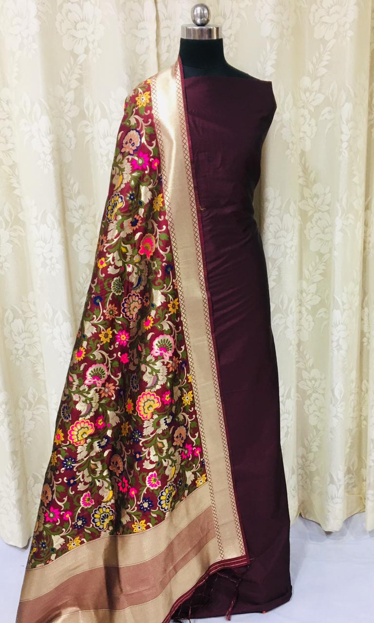 Banarasi Silk Premium Quality Plain Salwar Suit with Beautiful Jaal Pattern Woven Dupatta