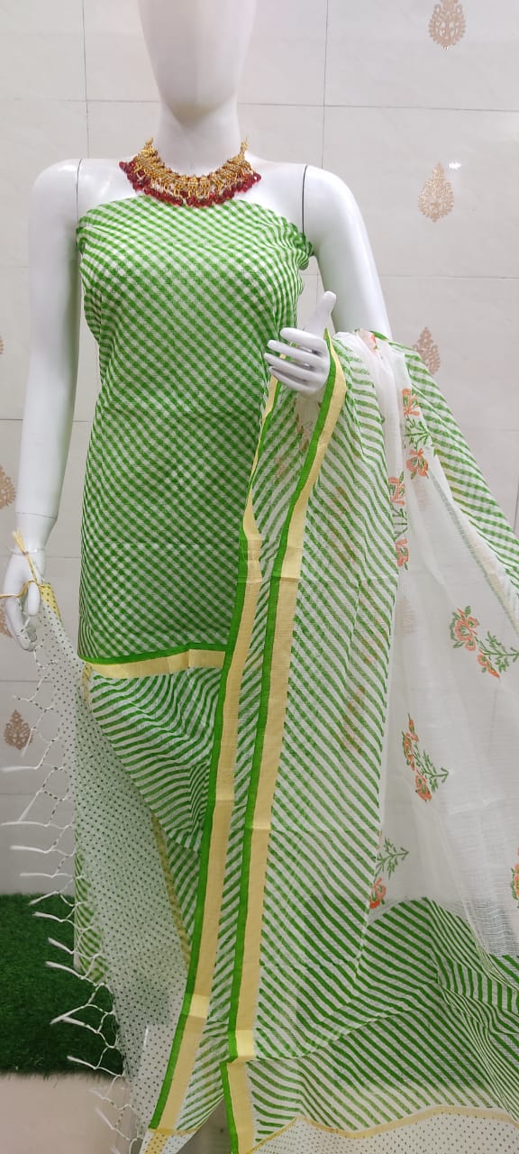 Green Block Printed Kota Doria Leheriya Salwar Suit