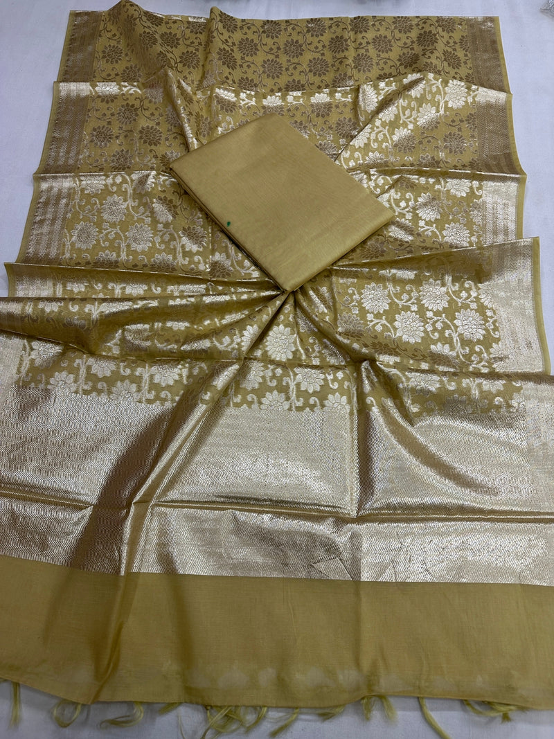 Pure Banarasi Silk Zari Woven Unstitched Suit With Lurex Woven Dupatta