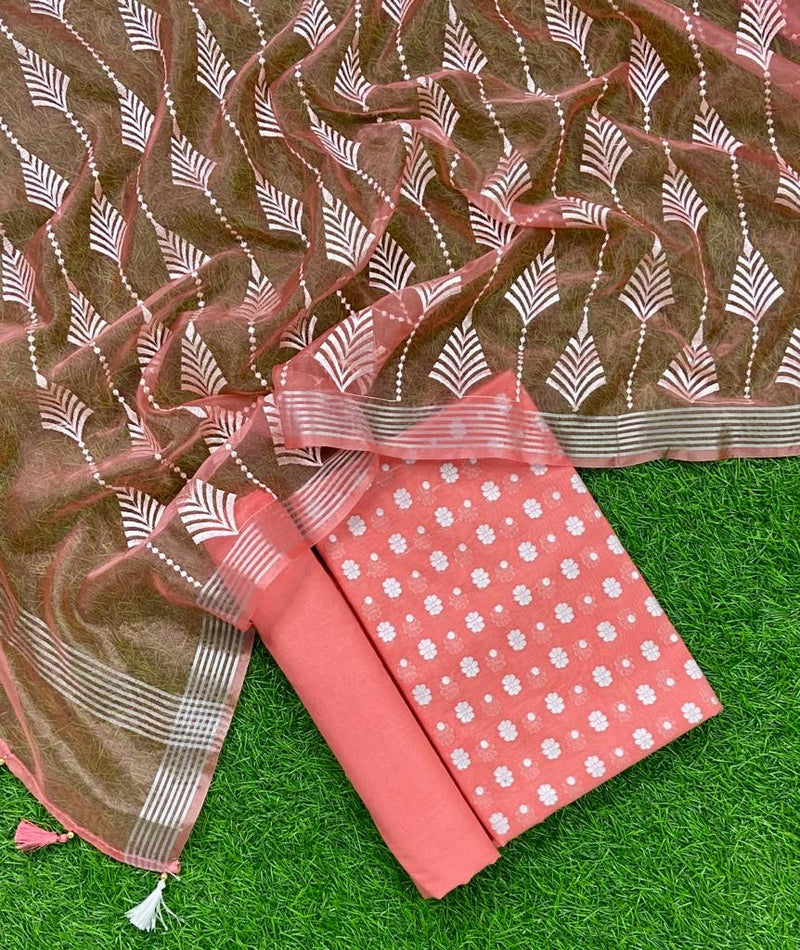 Pure Banarasi Cotton Silk Zari Booti Salwar Suit with Embroidery Organza Dupatta