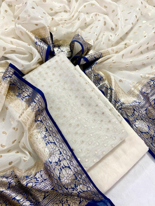 Pure Banarasi Silk Zari Woven Unstitched Suit With Lorex Woven Dupatta